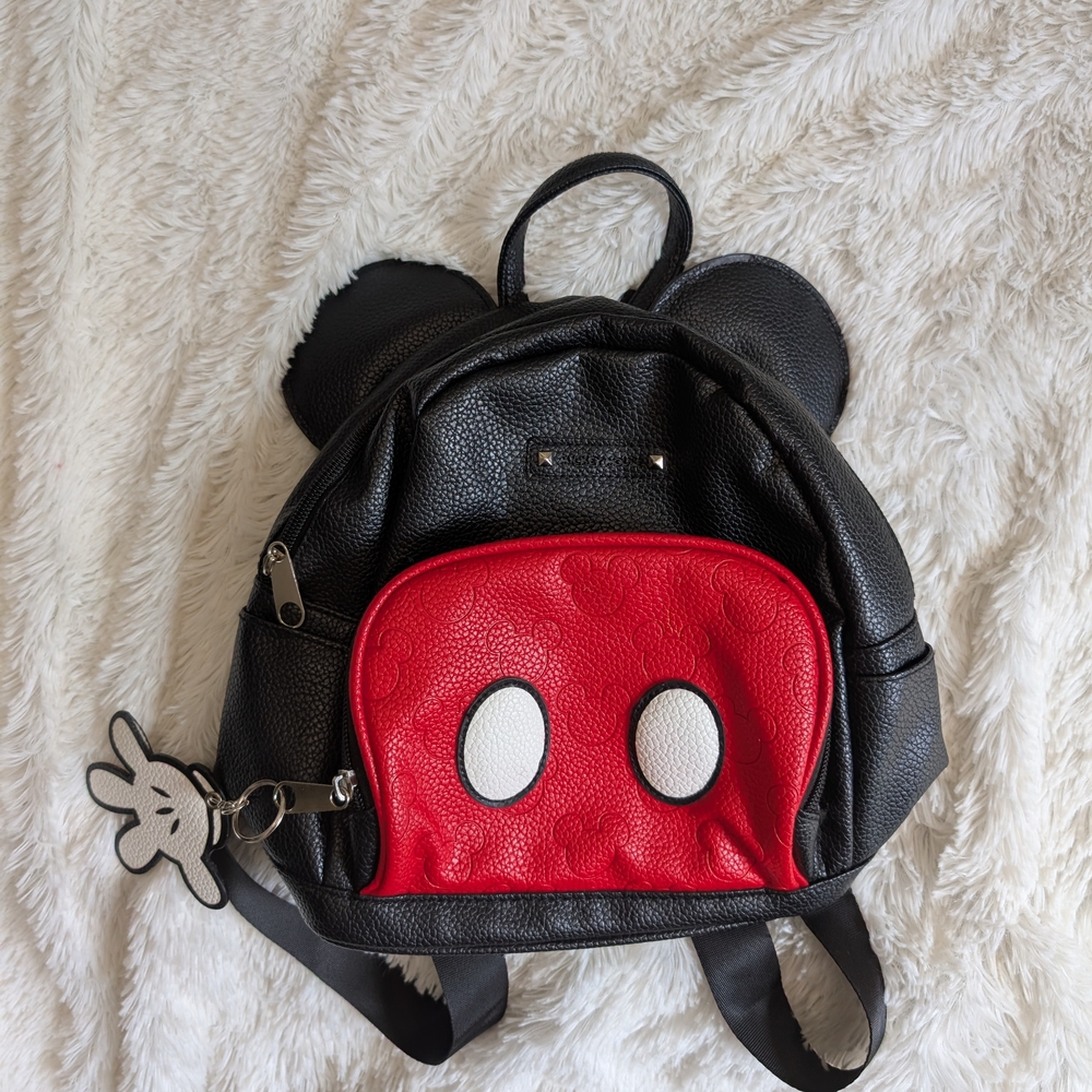 Mickey Mouse Disney Vegan Leather Mini Backback With Ears Black And Red Bag
